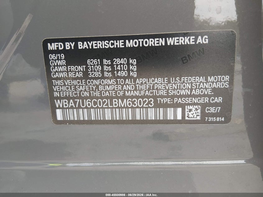 2020 BMW 7er VIN WBA7U6C02LBM63023 IAAI salvage auction — FRONT END, Salvage - Greater Than 75% (Maryland), sold $10,400 on 2026-07-18 (photo 9)