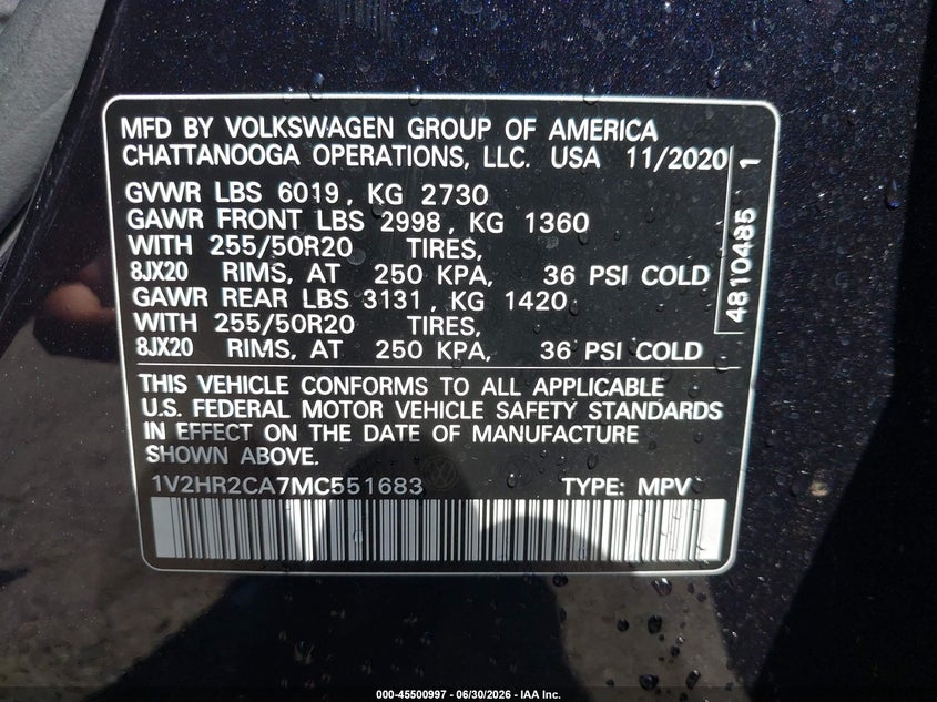2021 Volkswagen Atlas VIN 1V2HR2CA7MC551683 IAAI salvage auction — REAR END, Salvage Title, sold $5,600 on 2026-09-23 (photo 9)