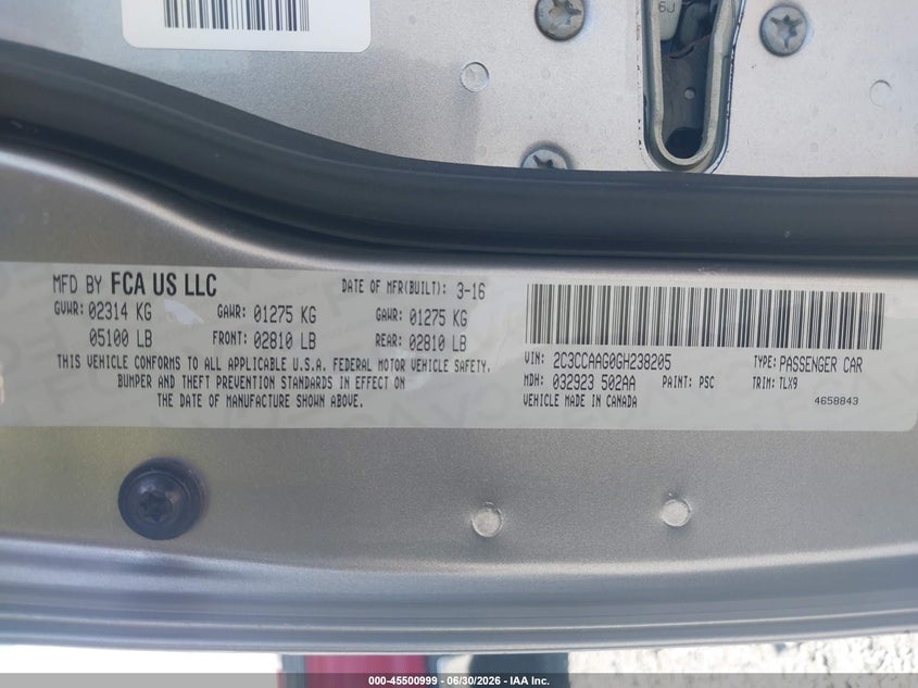 2016 Chrysler 300 VIN 2C3CCAAG0GH238205 IAAI salvage auction — FRONT END, Salvage Title, sold $1,400 on 2026-08-26 (photo 9)