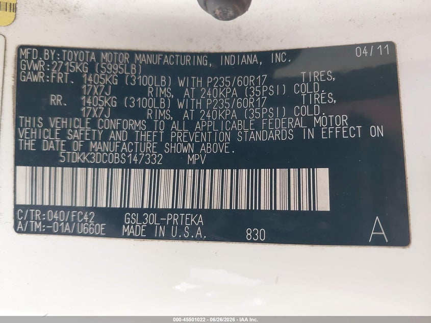 2011 Toyota Sienna VIN 5TDKK3DC0BS147332 IAAI salvage auction — FRONT & REAR, Salvage (California), sold $1,350 on 2026-07-22 (photo 9)