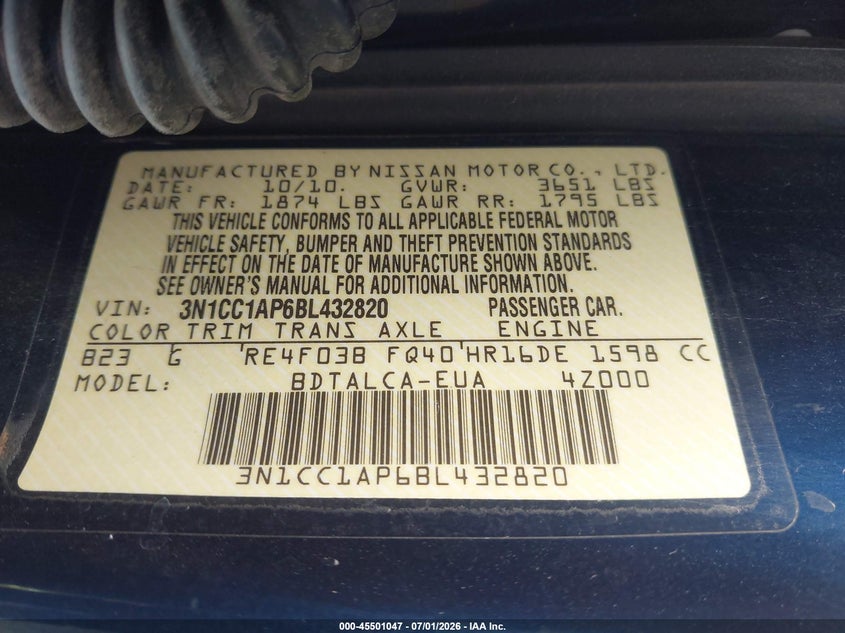 2011 Nissan Versa VIN 3N1CC1AP6BL432820 IAAI salvage auction — REAR END, Salvage (Texas), sold $300 on 2026-07-18 (photo 9)