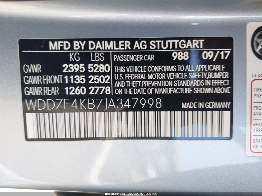 2018 Mercedes-benz E-klasse VIN WDDZF4KB7JA347998 IAAI salvage auction — FRONT END, Salvage Title, sold $7,825 on 2026-08-12 (photo 9)