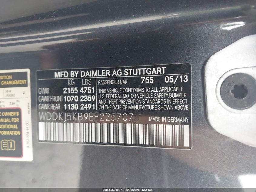 2014 Mercedes-benz E-klasse VIN WDDKJ5KB9EF225707 IAAI salvage auction — NORMAL WEAR, Clear - Dealer Only (California), sold $2,775 on 2026-07-28 (photo 9)