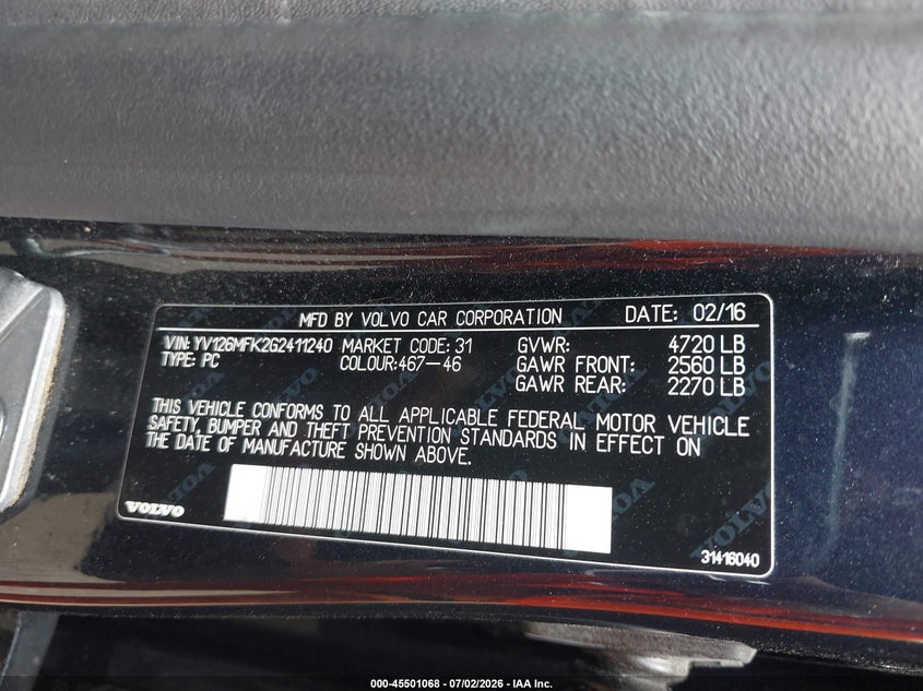 2016 Volvo S60 VIN YV126MFK2G2411240 IAAI salvage auction — FRONT END, Salvage - Greater Than 75% (Maryland), sold $25 on 2026-07-22 (photo 9)