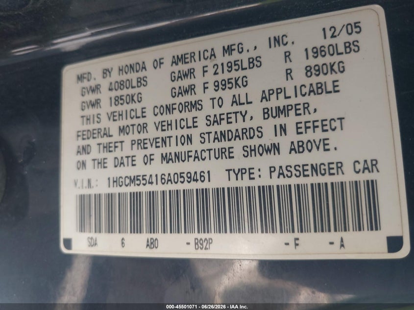 2006 Honda Accord VIN 1HGCM55416A059461 IAAI salvage auction — NORMAL WEAR, Clear (Utah), sold $275 on 2026-07-09 (photo 9)