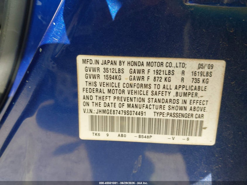 2009 Honda Fit VIN JHMGE87479S074491 IAAI salvage auction — FRONT END, Salvage (Texas), sold $375 on 2026-07-28 (photo 9)
