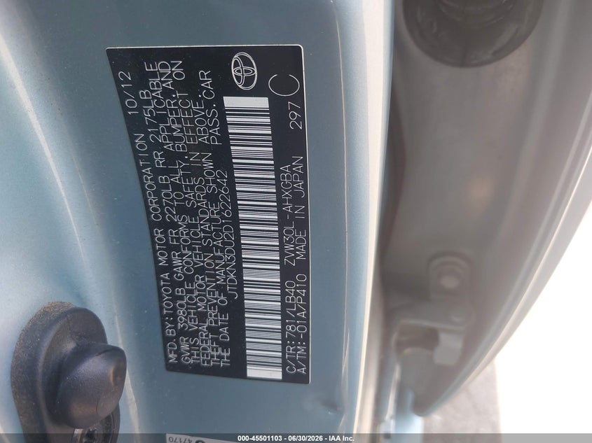 2013 Toyota Prius VIN JTDKN3DU2D1622642 IAAI salvage auction — NORMAL WEAR, Clear (Pennsylvania), sold $3,150 on 2026-07-10 (photo 9)