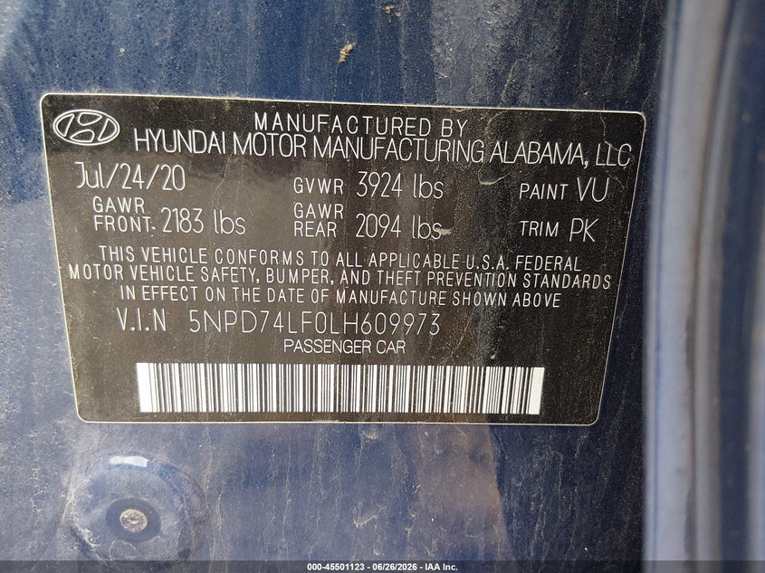 2020 Hyundai Elantra VIN 5NPD74LF0LH609973 IAAI salvage auction — HAIL, Sf97 (New York), sold $7,600 on 2026-08-20 (photo 9)