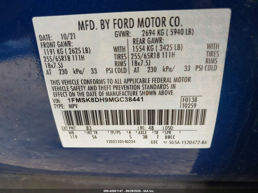 2021 Ford Explorer VIN 1FMSK8DH9MGC38441 IAAI salvage auction — REAR END, Salvage (Ohio), sold $7,900 on 2026-07-09 (photo 9)
