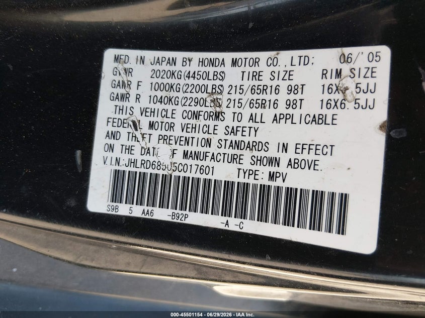 2005 Honda Cr-v VIN JHLRD68505C017601 IAAI salvage auction — NORMAL WEAR, Clear (New Jersey), sold $375 on 2026-07-07 (photo 9)