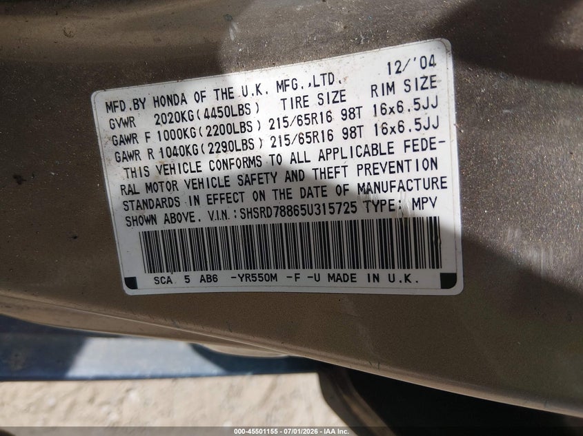 2005 Honda Cr-v VIN SHSRD78865U315725 IAAI salvage auction — NORMAL WEAR, Clear (Tennessee), sold $300 on 2026-07-29 (photo 9)