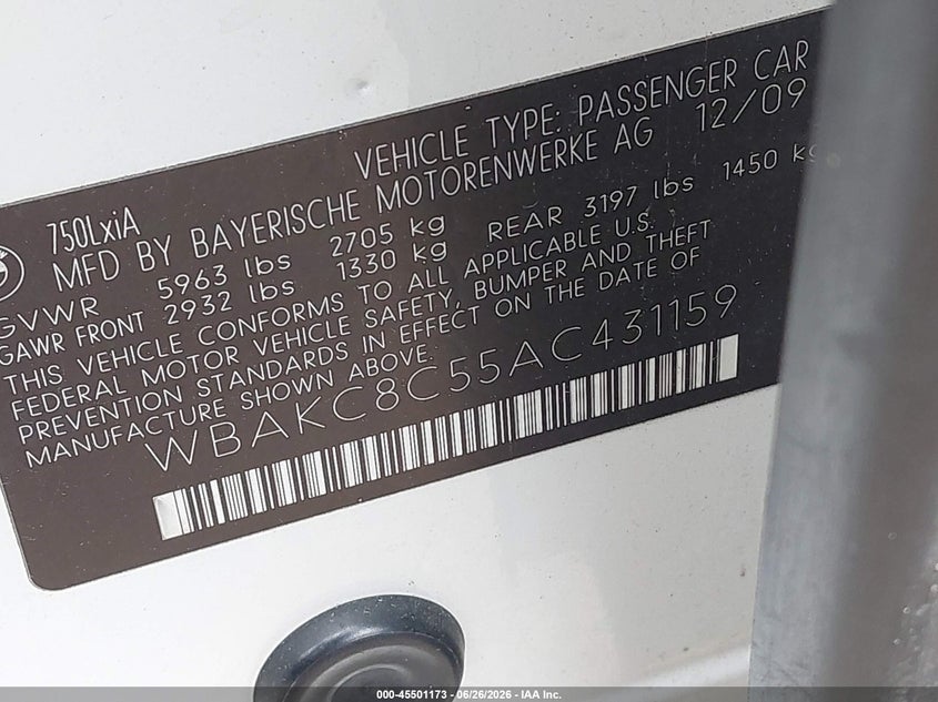 2010 BMW 7 series VIN WBAKC8C55AC431159 IAAI salvage auction — REAR END, Clear (Michigan), sold $1,950 on 2026-07-23 (photo 9)