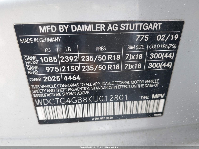 2019 Mercedes-benz Gla-klasse VIN WDCTG4GB8KU012801 IAAI salvage auction — FRONT END, Salvage Title, sold $2,650 on 2026-07-07 (photo 9)