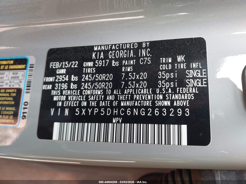 2022 Kia Telluride VIN 5XYP5DHC6NG263293 IAAI salvage auction — LEFT FRONT, Salvage Title, sold $7,000 on 2026-07-06 (photo 9)