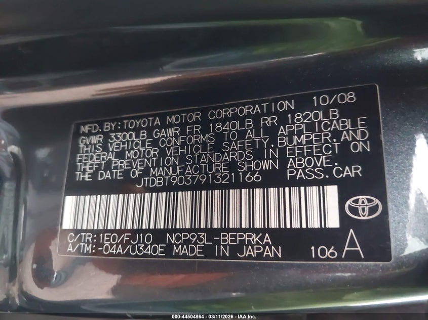 2009 Toyota Yaris VIN JTDBT903791321166 IAAI salvage auction — REAR END, Clear (Oklahoma), sold $1,300 on 2026-08-01 (photo 9)