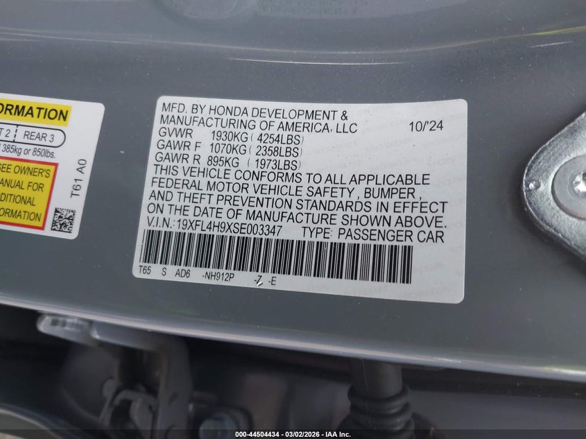 2025 Honda Civic VIN 19XFL4H9XSE003347 IAAI salvage auction — REAR END, Salvage (New Jersey), sold $11,100 on 2026-07-05 (photo 9)