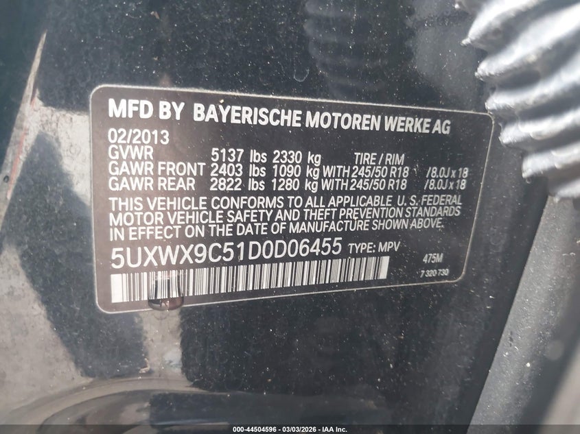 2013 BMW X3 VIN 5UXWX9C51D0D06455 IAAI salvage auction — REAR END, Clear (Alabama), sold $1,500 on 2026-07-28 (photo 9)