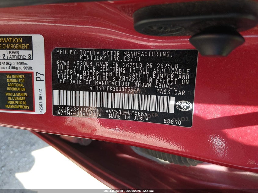 2013 Toyota Camry VIN 4T1BD1FK3DU075572 IAAI salvage auction — LEFT FRONT, Salvage Title, sold $825 on 2026-07-10 (photo 9)