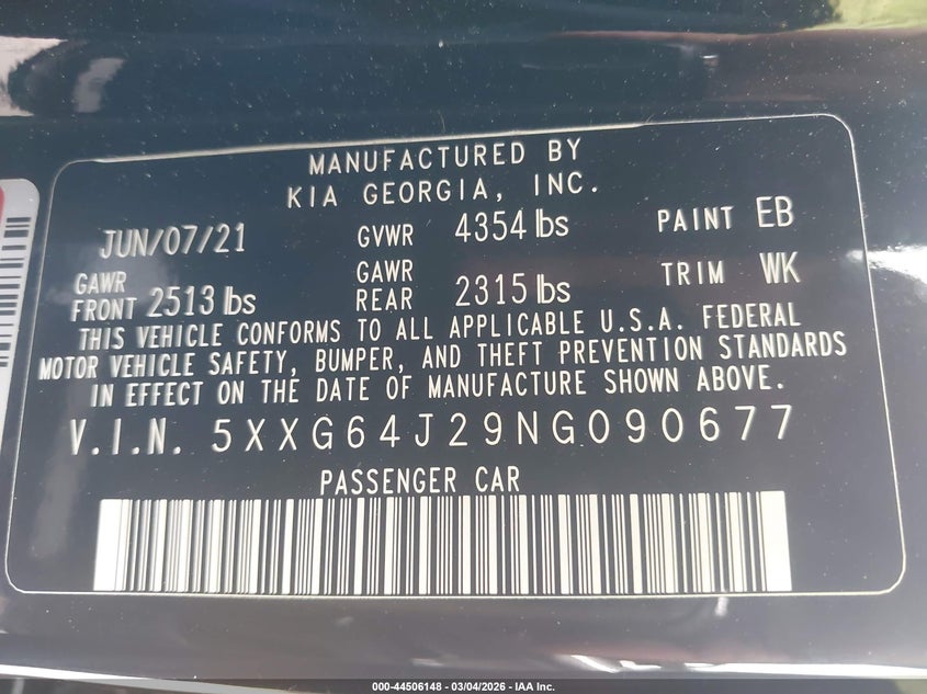 2022 Kia K5 VIN 5XXG64J29NG090677 IAAI salvage auction — REAR END, Salvage Title, sold $5,050 on 2026-07-23 (photo 9)