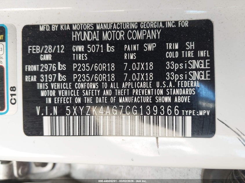 2012 Hyundai Santa fe VIN 5XYZK4AG7CG139366 IAAI salvage auction — FRONT END, Salvage Title, sold $1,700 on 2026-07-09 (photo 9)