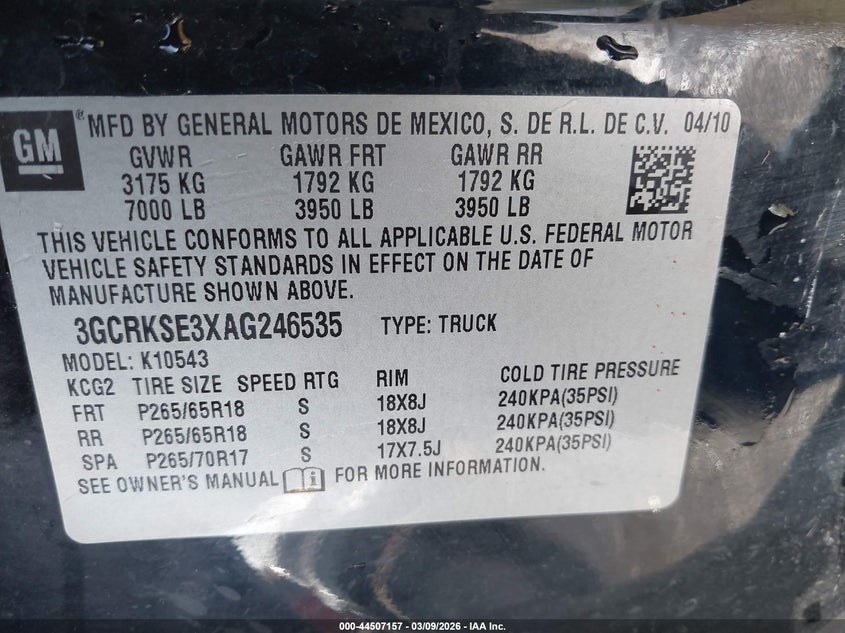 2010 Chevrolet Silverado VIN 3GCRKSE3XAG246535 IAAI salvage auction — ROLLOVER, Junk (Missouri), sold $400 on 2026-07-17 (photo 9)