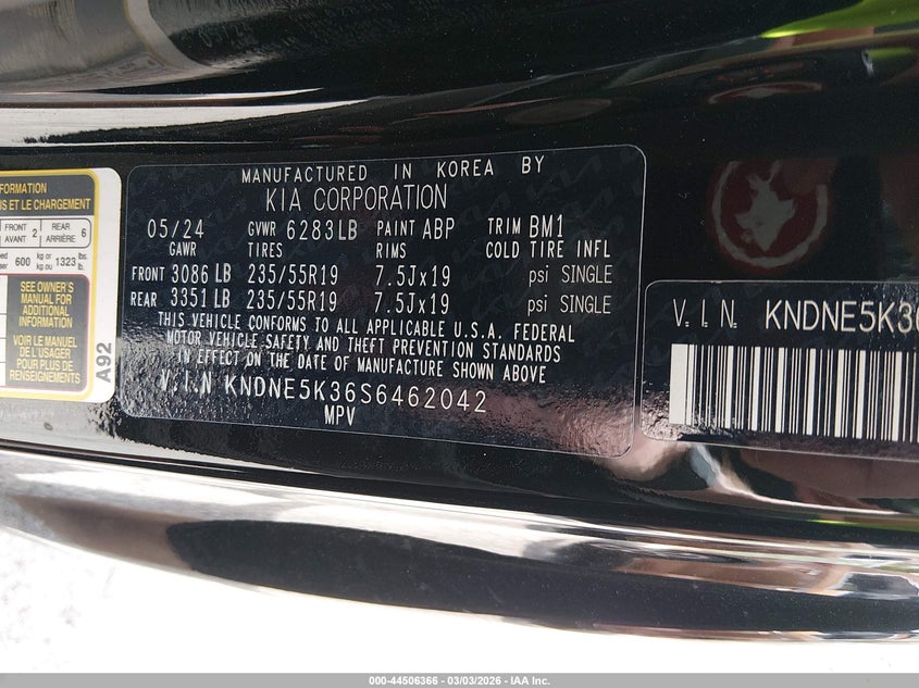2025 Kia Carnival VIN KNDNE5K36S6462042 IAAI salvage auction — UNKNOWN, Rebuildable (Florida), sold $17,000 on 2026-08-24 (photo 9)