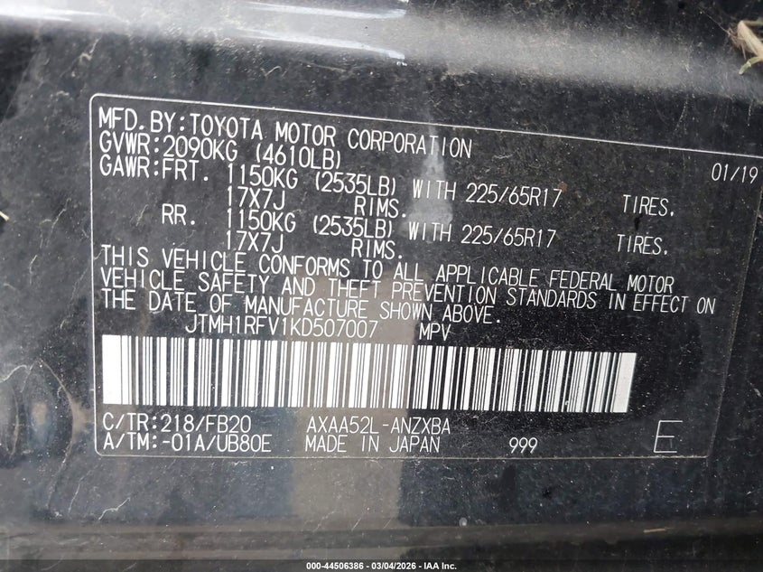 2019 Toyota Rav 4 VIN JTMH1RFV1KD507007 IAAI salvage auction — FRONT END, Salvage Title, sold $8,750 on 2026-07-21 (photo 9)