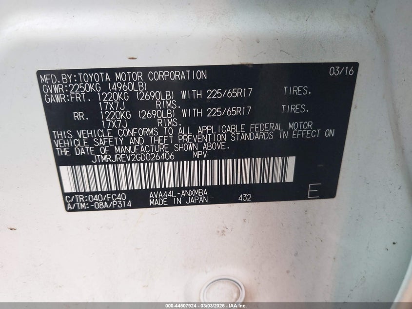 2016 Toyota Rav 4 VIN JTMRJREV2GD026406 IAAI salvage auction — FRONT END, Clear (Oklahoma), sold $1,900 on 2026-07-29 (photo 9)