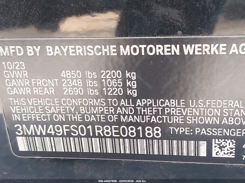 2024 BMW 3er VIN 3MW49FS01R8E08188 IAAI salvage auction — FRONT END, Salvage Title, sold $15,475 on 2026-07-09 (photo 9)