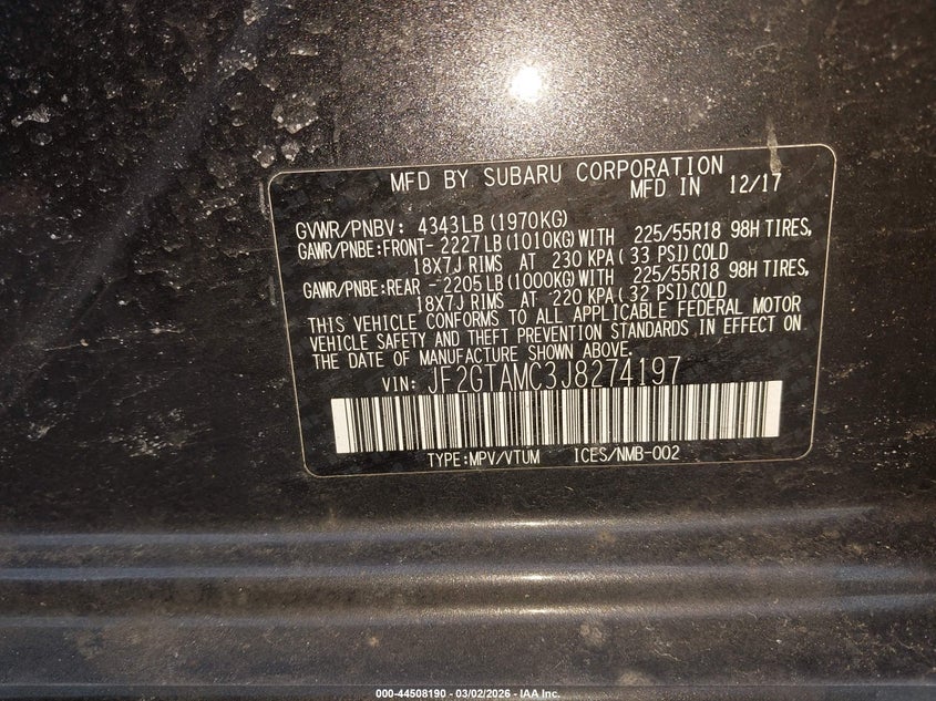 2018 Subaru Xv VIN JF2GTAMC3J8274197 IAAI salvage auction — FRONT & REAR, Salvage Title, sold $2,850 on 2026-07-20 (photo 9)