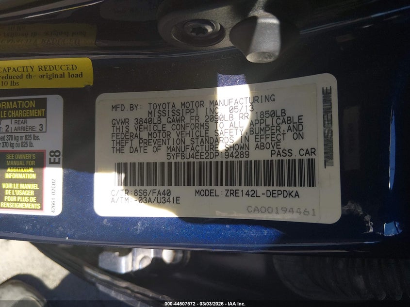 2013 Toyota Corolla VIN 5YFBU4EE2DP194289 IAAI salvage auction — FRONT END, Salvage (Nevada), sold $500 on 2026-07-17 (photo 9)