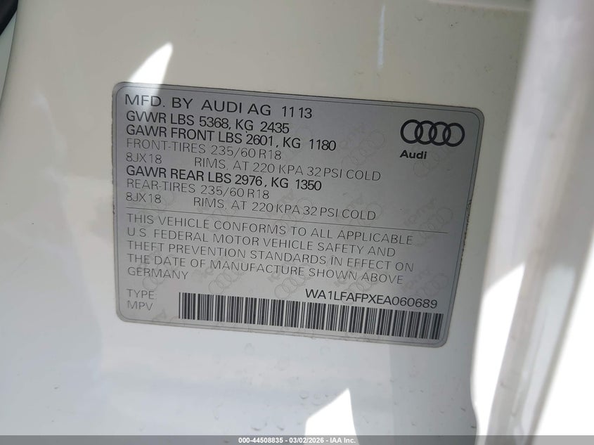 2014 Audi Q5 VIN WA1LFAFPXEA060689 IAAI salvage auction — FRONT END, Salvage Title, sold $1,225 on 2026-08-03 (photo 9)
