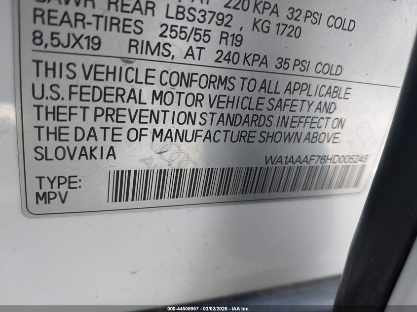 2017 Audi Q7 VIN WA1AAAF76HD005245 IAAI salvage auction — REPOSSESSION, Clear - Dealer Only (California), sold $4,800 on 2026-07-09 (photo 9)