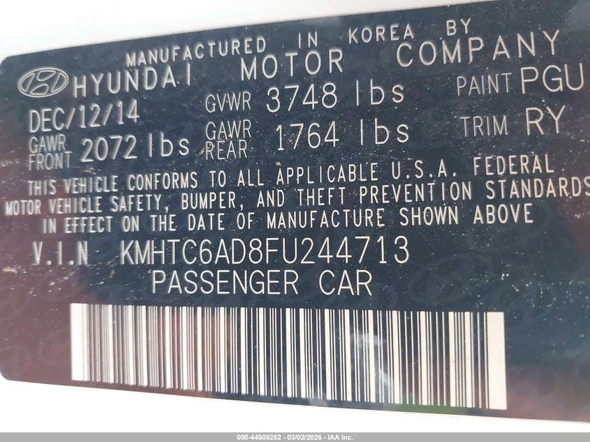 2015 Hyundai Veloster VIN KMHTC6AD8FU244713 IAAI salvage auction — ENGINE BURN, Salvage Title, sold $250 on 2026-07-13 (photo 9)
