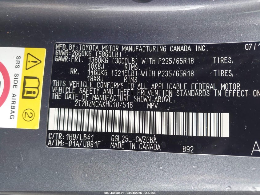 2017 Lexus Rx VIN 2T2BZMCAXHC107516 IAAI salvage auction — REAR END, Salvage Title, sold $8,100 on 2026-09-10 (photo 9)