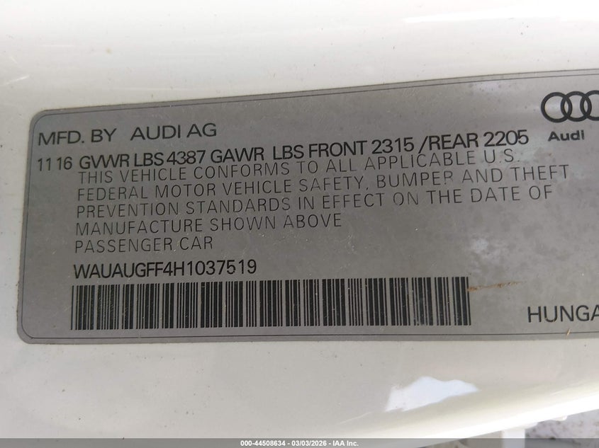 2017 Audi A3 VIN WAUAUGFF4H1037519 IAAI salvage auction — ALL OVER, Salvage Title, sold $250 on 2026-07-08 (photo 9)