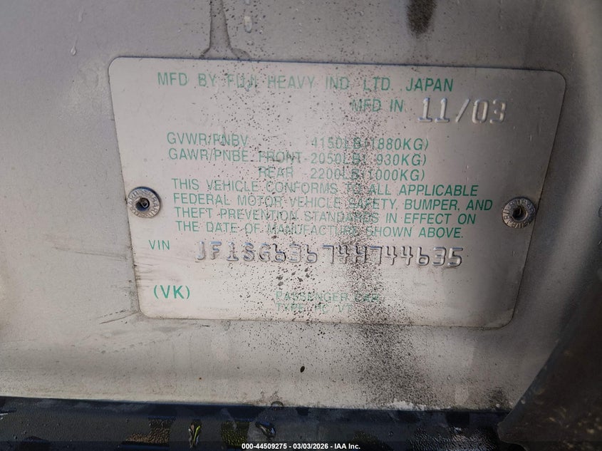 2004 Subaru Forester VIN JF1SG63674H744635 IAAI salvage auction — FRONT END, Salvage (Nevada), sold $25 on 2026-07-17 (photo 9)