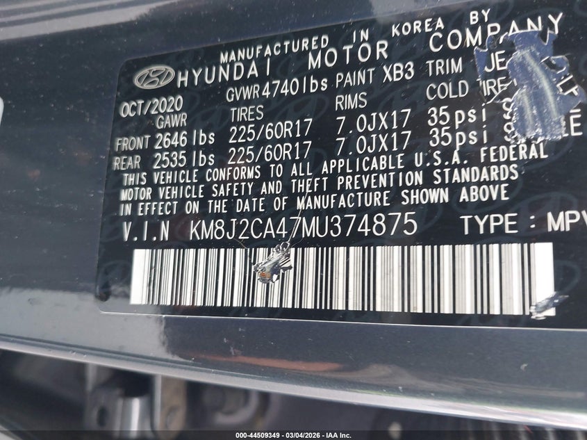 2021 Hyundai Tucson VIN KM8J2CA47MU374875 IAAI salvage auction — LEFT REAR, Salvage (Connecticut), sold $4,075 on 2026-07-23 (photo 9)