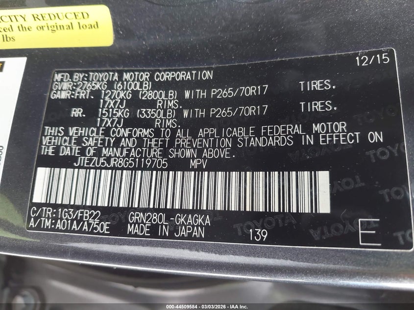 2016 Toyota 4runner VIN JTEZU5JR8G5119705 IAAI salvage auction — LEFT & RIGHT, Salvage Title, sold $5,100 on 2026-07-20 (photo 9)