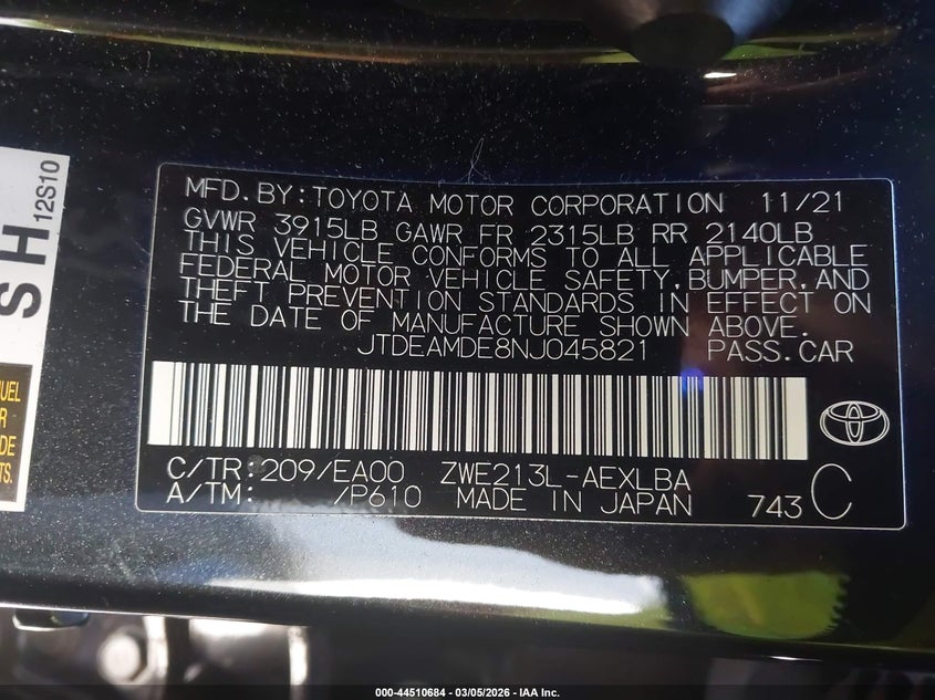 2022 Toyota Corolla VIN JTDEAMDE8NJ045821 IAAI salvage auction — REAR END, Salvage (Hawaii), sold $2,050 on 2026-07-28 (photo 9)
