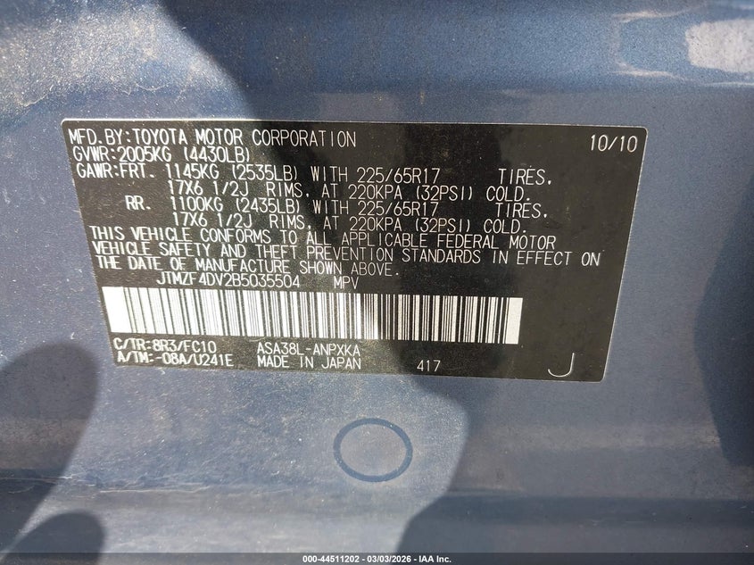 2011 Toyota Rav4 VIN JTMZF4DV2B5035504 IAAI salvage auction — NORMAL WEAR, Bill Of Sale (Hawaii), sold $25 on 2026-07-28 (photo 9)