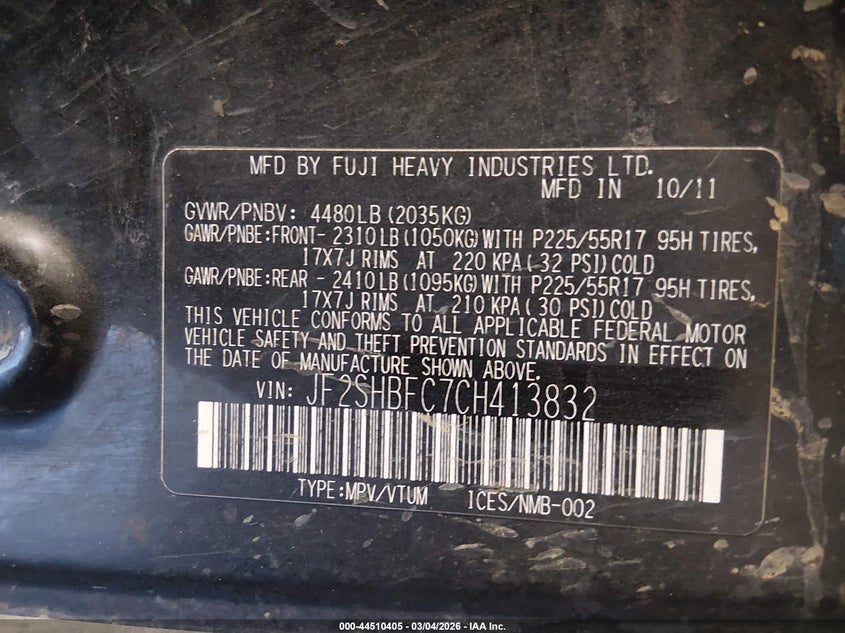 2012 Subaru Forester VIN JF2SHBFC7CH413832 IAAI salvage auction — REAR END, Bill Of Sale (Colorado), sold $200 on 2026-07-15 (photo 9)