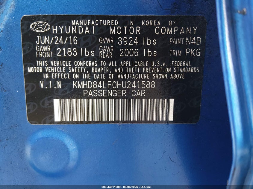 2017 Hyundai Elantra VIN KMHD84LF0HU241588 IAAI salvage auction — FRONT END, Salvage - Greater Than 75% (Maryland), sold $1,100 on 2026-07-23 (photo 9)