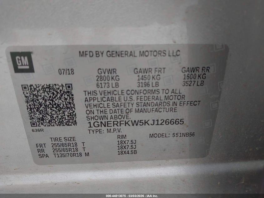 2019 Chevrolet Traverse VIN 1GNERFKW5KJ126665 IAAI salvage auction — FRONT END, Salvage Title, sold $3,350 on 2026-07-09 (photo 9)