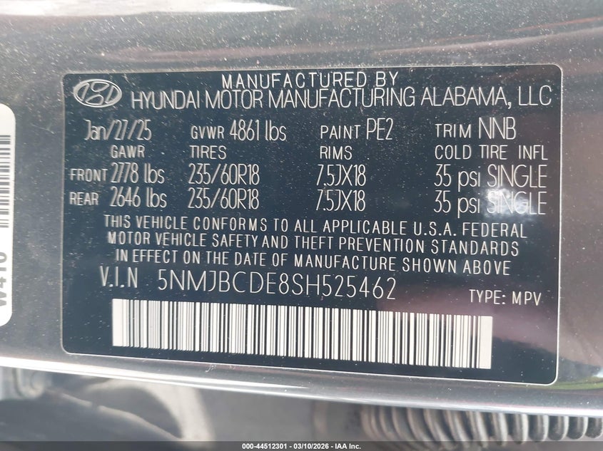 2025 Hyundai Tucson VIN 5NMJBCDE8SH525462 IAAI salvage auction — FRONT END, Salvage Title, sold $8,050 on 2026-08-23 (photo 9)