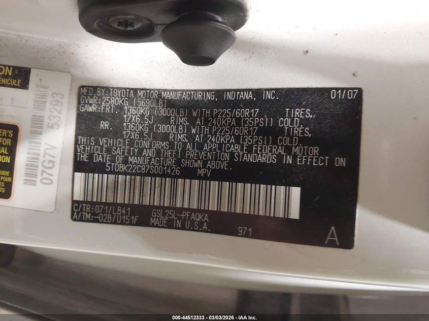 2007 Toyota Sienna VIN 5TDBK22C87S001426 IAAI salvage auction — LEFT REAR, Salvage (North Carolina), sold $1,150 on 2026-07-16 (photo 9)