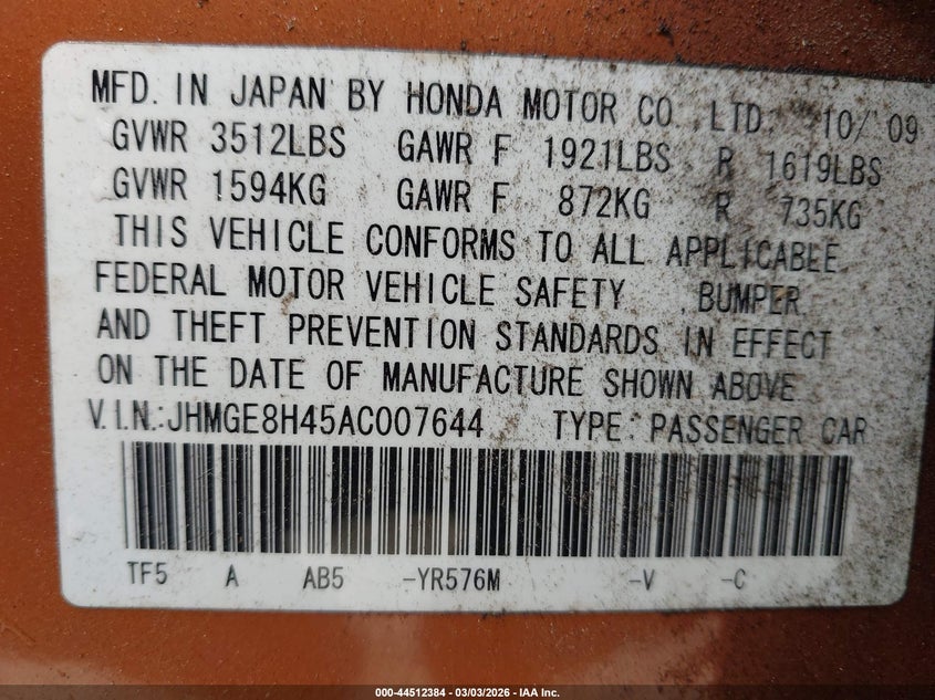 2010 Honda Fit VIN JHMGE8H45AC007644 IAAI salvage auction — REAR END, Salvage (Georgia), sold $1,150 on 2026-07-11 (photo 9)