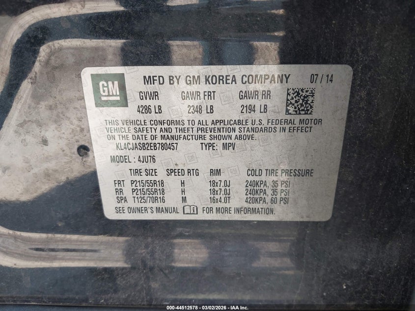 2014 Buick Encore VIN KL4CJASB2EB780457 IAAI salvage auction — REAR END, Salvage (Georgia), sold $1,200 on 2026-07-17 (photo 9)