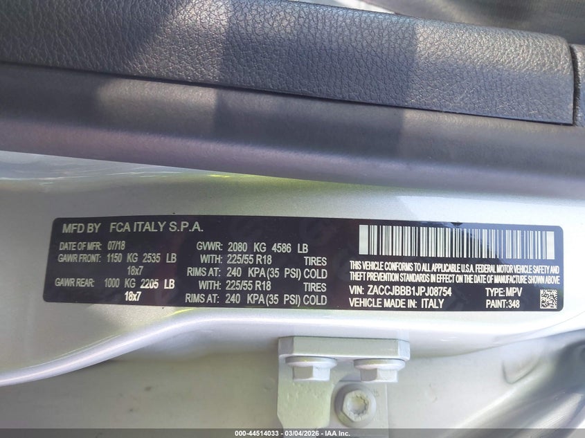 2018 Jeep Renegade VIN ZACCJBBB1JPJ08754 IAAI salvage auction — LEFT FRONT, Salvage (Maine), sold $825 on 2026-07-27 (photo 9)