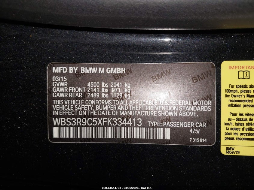 2015 BMW M4 VIN WBS3R9C5XFK334413 IAAI salvage auction — FRONT END, Salvage Title, sold $3,550 on 2026-07-28 (photo 9)